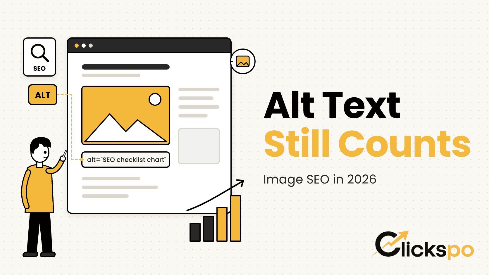Illustration of a web page with an image and its alt text highlighted, next to the headline Alt Text Still Counts