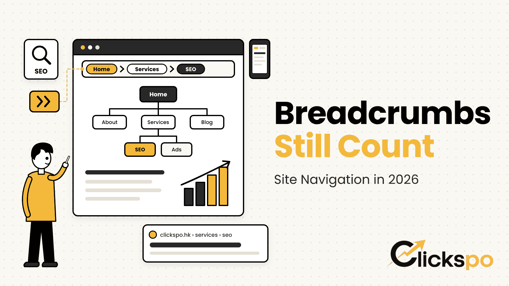 Illustration of a breadcrumb trail above a site hierarchy tree in a browser, with a search result showing the breadcrumb path