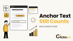 Illustration of a web page with a highlighted anchor text link pointing to another page, titled Anchor Text Still Counts