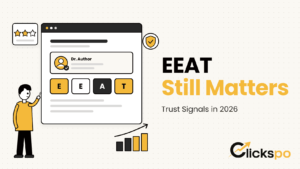 Illustration of a web page with a verified author card and EEAT tiles, with review stars, a trust shield and a rising chart