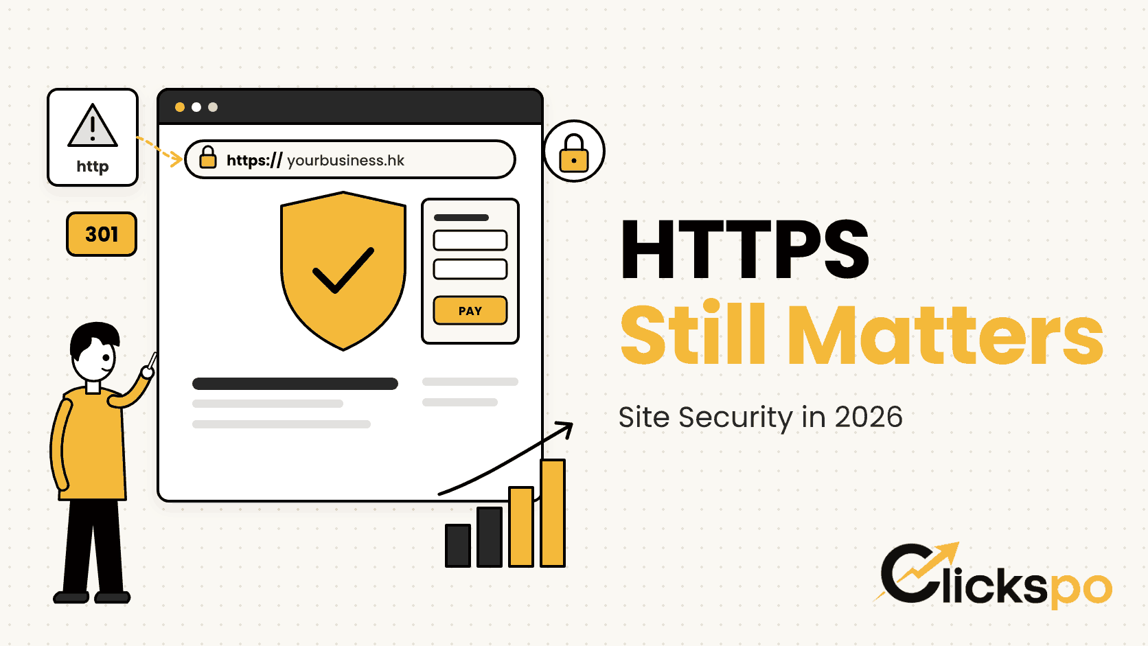 Illustration of a browser with a secure https address bar, a shield, a payment form and a 301 redirect from an http warning card