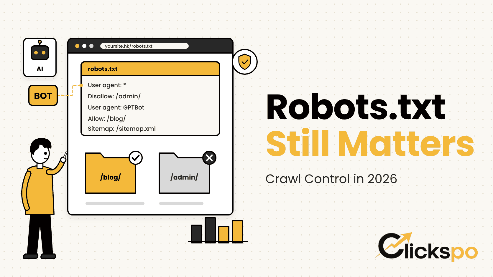 Illustration of a robots.txt file in a browser allowing the blog folder and blocking the admin folder for crawlers and AI bots