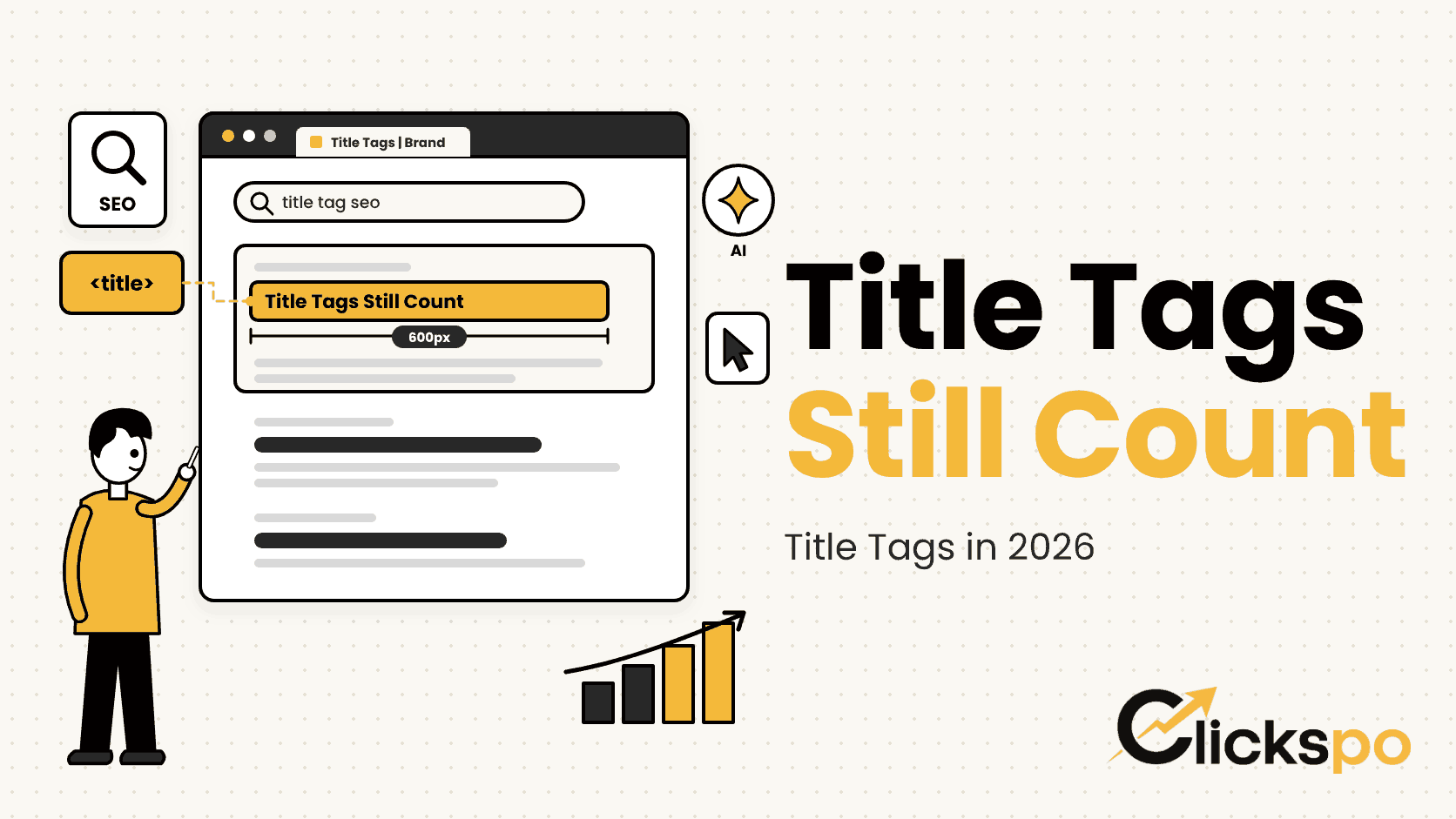 Illustration of a search result with a highlighted title tag, a pixel width ruler and a person pointing at the title element